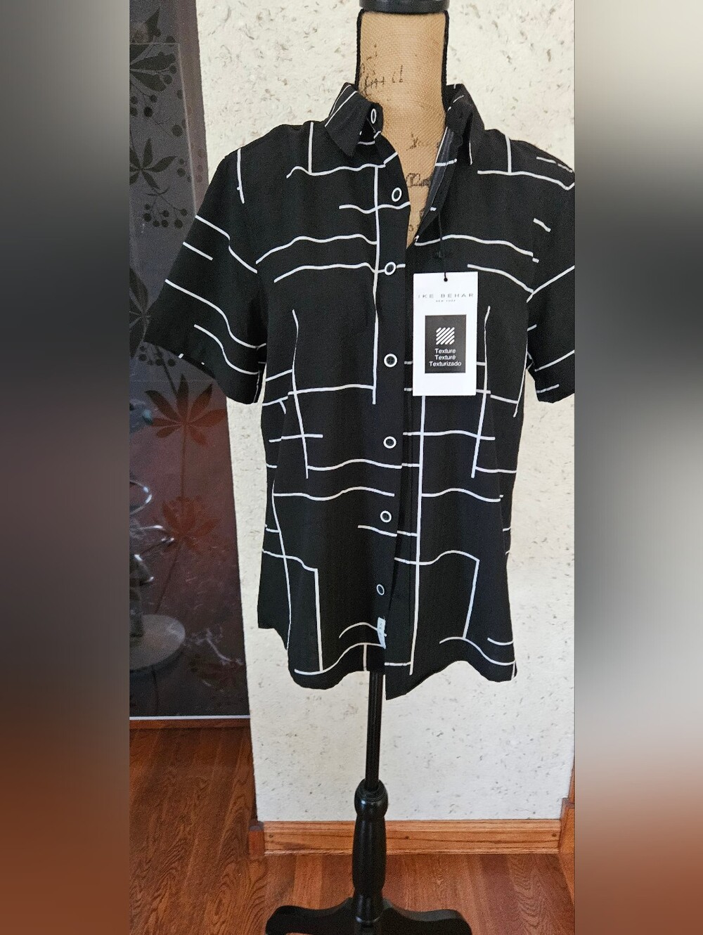 Black Short-Sleeve Button-Up Shirt with White Grid Lines. Brand New With Tag